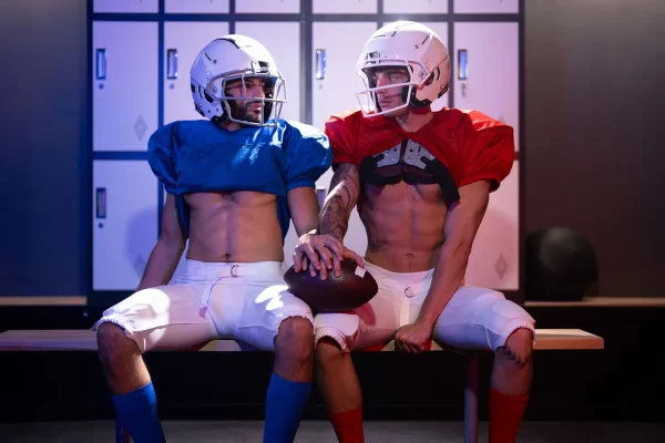 Cum Rivals: Leo Levine & Samm Fitness Heat Up the Locker Room Gay Porn 16