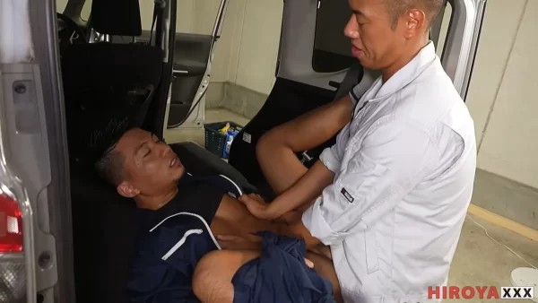 Hiroya's Greasy Mechanic Threeway Gay Porn 8