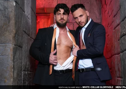 White-Collar Gloryhole: Heath Halo & Hairy Wolf - MenAtPlay Gay Porn