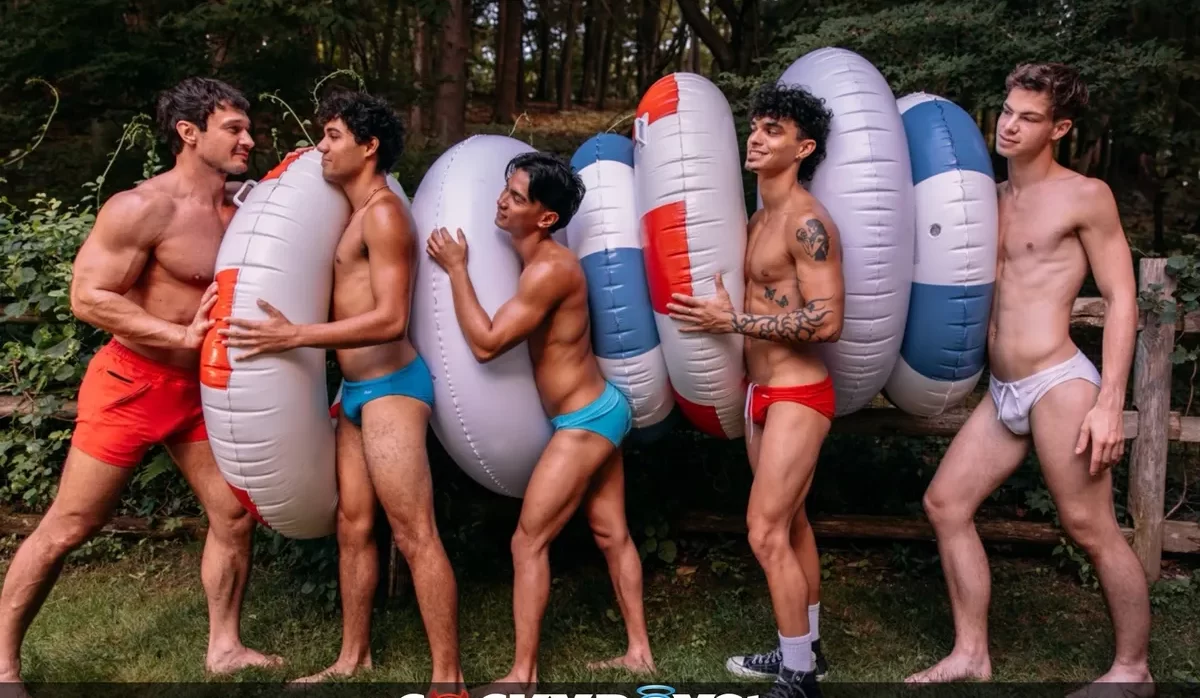 Tug-of-War Decides Nothing in Camp Cockboys Seven-Man Orgy Gay Porn